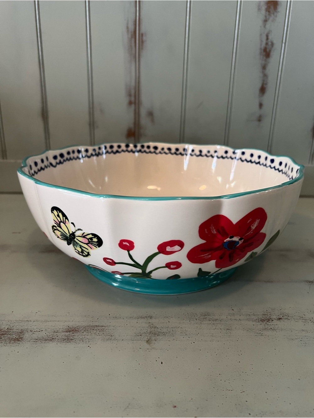 Nathalie Lete Hand-Painted Scalloped Floral Ceramic Serving Bowl - Picture 2 of 9